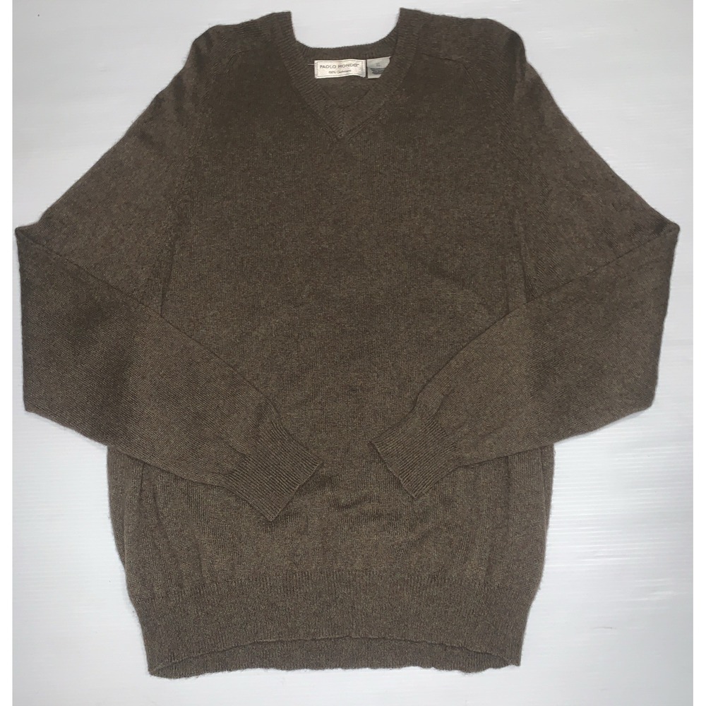 Vintage Paolo Mondo Cashmere Sweater XL 100% Cashmere Brown V-Neck Pullover